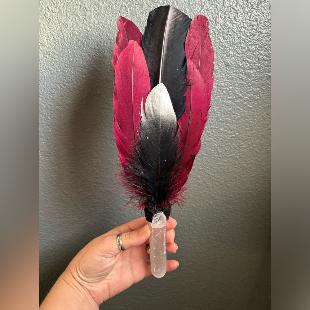 Red black silver feather selenite wand  apophyllite crystal smudge fan
